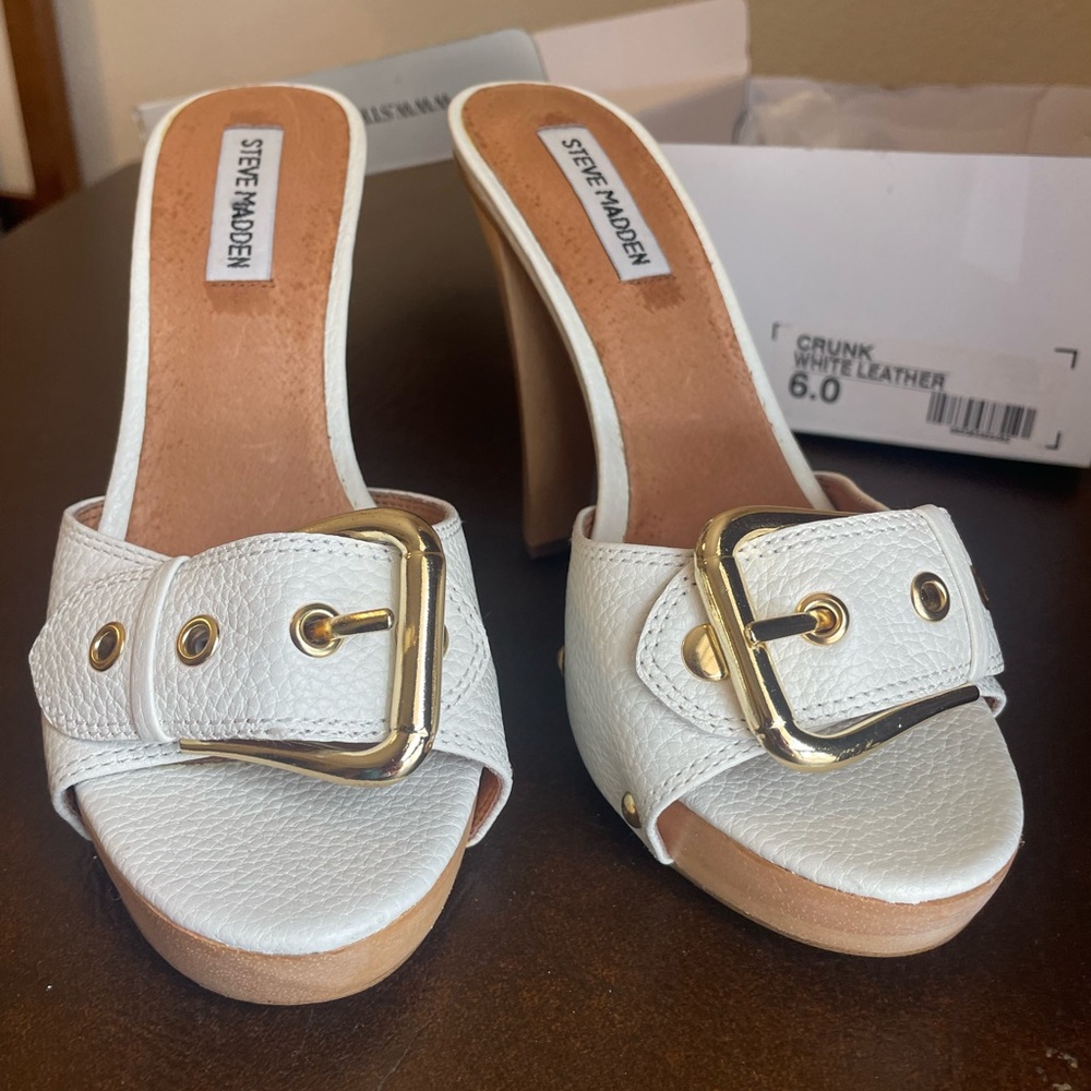 Steve Madden White Mules with Gold Accent